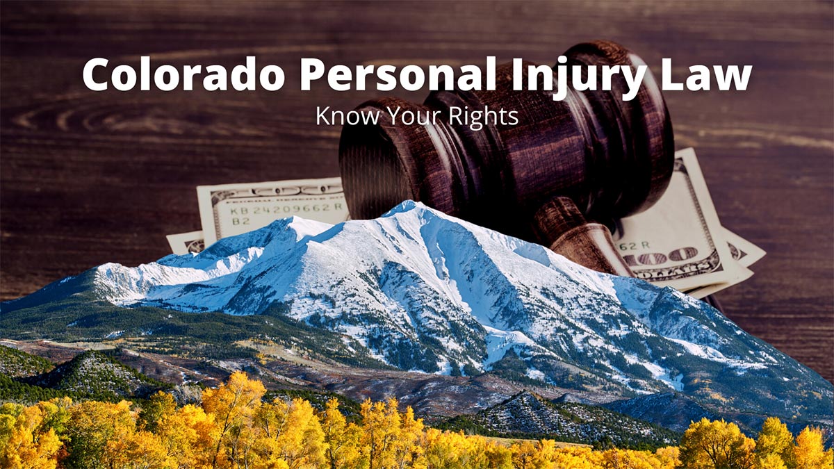 Colorado personal injury law with Mt. Sopris, a gavel, and money in the background